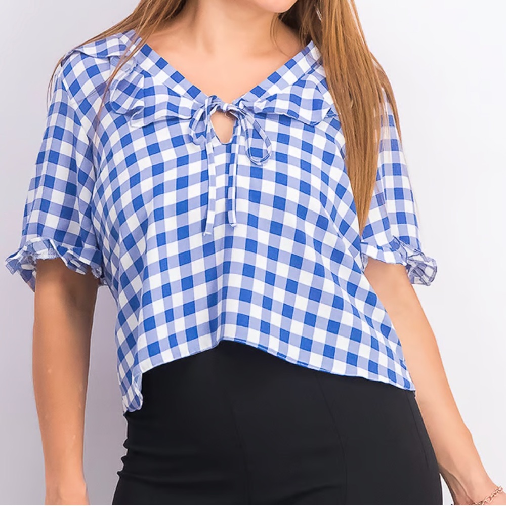 TOPSHOP Maisie Frill Neck Keyhole Plaid Crop Top Blouse Size 8